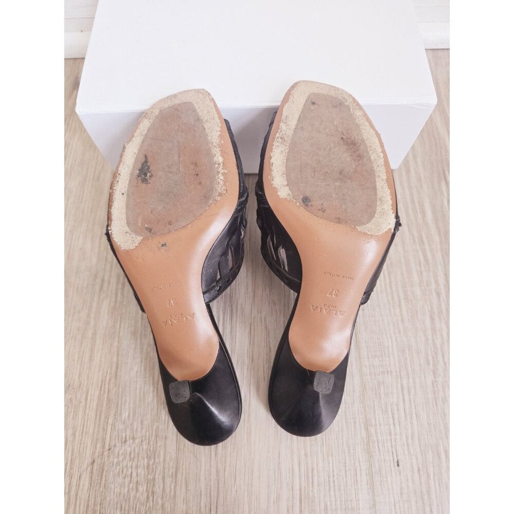 Alaia Paris Cutout Leather Black Slip On Open Toe Kitten Heels Mules Shoes 37 7 - Picture 8 of 11